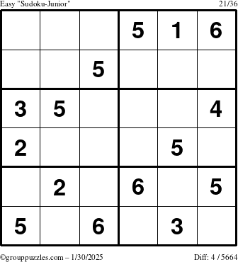 The grouppuzzles.com Easy Sudoku-Junior puzzle for Thursday January 30, 2025