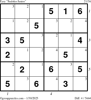 The grouppuzzles.com Easy Sudoku-Junior puzzle for Thursday January 30, 2025 with all 4 steps marked