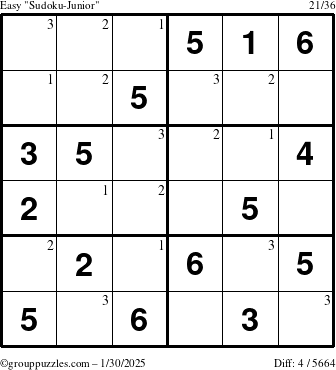 The grouppuzzles.com Easy Sudoku-Junior puzzle for Thursday January 30, 2025 with the first 3 steps marked