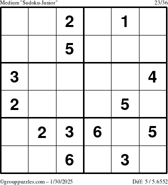 The grouppuzzles.com Medium Sudoku-Junior puzzle for Thursday January 30, 2025