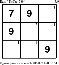 The grouppuzzles.com Easy TicTac-789 puzzle for Thursday January 30, 2025 with the first 2 steps marked