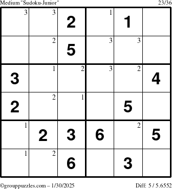 The grouppuzzles.com Medium Sudoku-Junior puzzle for Thursday January 30, 2025 with the first 3 steps marked