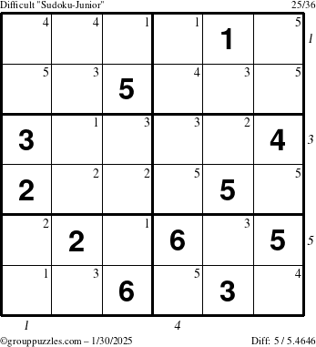 The grouppuzzles.com Difficult Sudoku-Junior puzzle for Thursday January 30, 2025 with all 5 steps marked