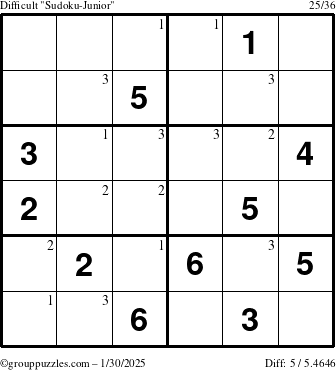 The grouppuzzles.com Difficult Sudoku-Junior puzzle for Thursday January 30, 2025 with the first 3 steps marked