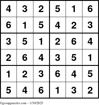 The grouppuzzles.com Answer grid for the Sudoku-Junior puzzle for Thursday January 30, 2025