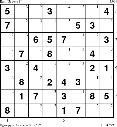 The grouppuzzles.com Easy Sudoku-8 puzzle for Thursday January 30, 2025 with all 4 steps marked