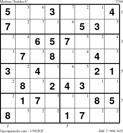 The grouppuzzles.com Medium Sudoku-8 puzzle for Thursday January 30, 2025 with all 7 steps marked