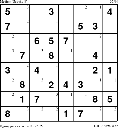 The grouppuzzles.com Medium Sudoku-8 puzzle for Thursday January 30, 2025 with the first 3 steps marked