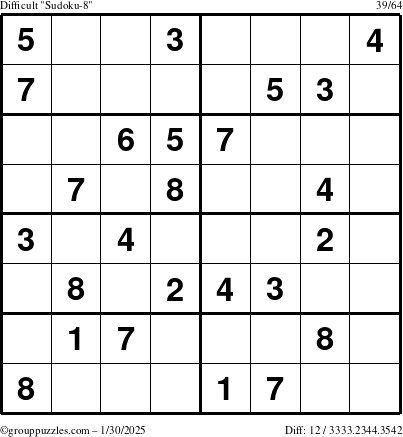 The grouppuzzles.com Difficult Sudoku-8 puzzle for Thursday January 30, 2025