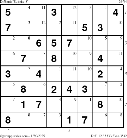 The grouppuzzles.com Difficult Sudoku-8 puzzle for Thursday January 30, 2025 with all 12 steps marked