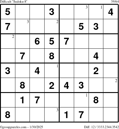 The grouppuzzles.com Difficult Sudoku-8 puzzle for Thursday January 30, 2025 with the first 3 steps marked