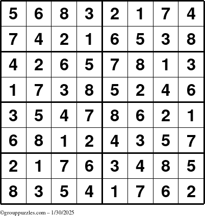 The grouppuzzles.com Answer grid for the Sudoku-8 puzzle for Thursday January 30, 2025