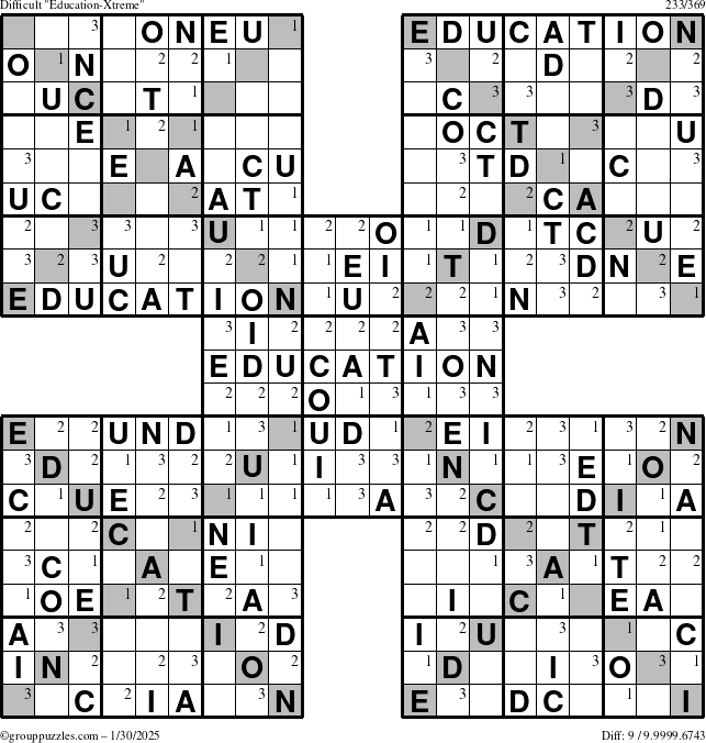 The grouppuzzles.com Difficult Education-Xtreme puzzle for Thursday January 30, 2025 with the first 3 steps marked