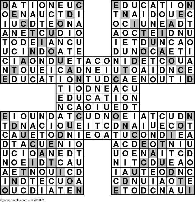 The grouppuzzles.com Answer grid for the Education-Xtreme puzzle for Thursday January 30, 2025