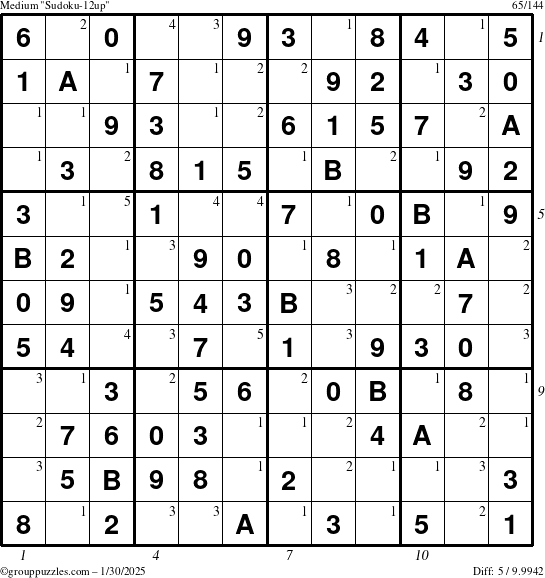 The grouppuzzles.com Medium Sudoku-12up puzzle for Thursday January 30, 2025, suitable for printing, with all 5 steps marked