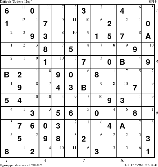 The grouppuzzles.com Difficult Sudoku-12up puzzle for Thursday January 30, 2025 with all 12 steps marked