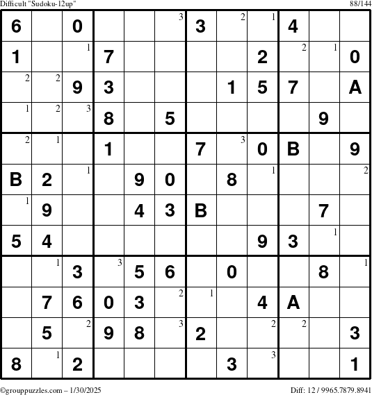 The grouppuzzles.com Difficult Sudoku-12up puzzle for Thursday January 30, 2025 with the first 3 steps marked