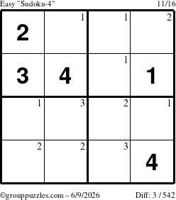 The grouppuzzles.com Easy Sudoku-4 puzzle for Tuesday June 9, 2026 with the first 3 steps marked