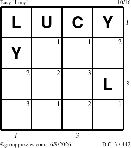 The grouppuzzles.com Easy Lucy puzzle for Tuesday June 9, 2026 with all 3 steps marked