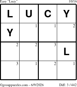The grouppuzzles.com Easy Lucy puzzle for Tuesday June 9, 2026 with the first 3 steps marked