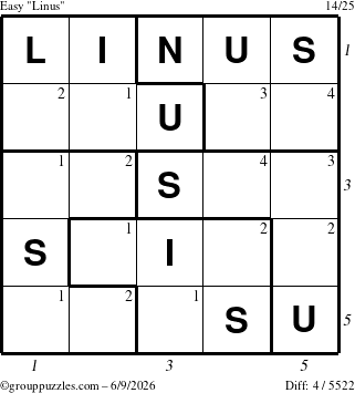 The grouppuzzles.com Easy Linus puzzle for Tuesday June 9, 2026, suitable for printing, with all 4 steps marked