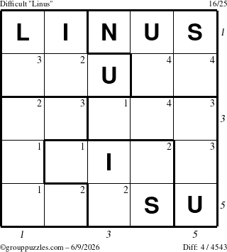 The grouppuzzles.com Difficult Linus puzzle for Tuesday June 9, 2026 with all 4 steps marked