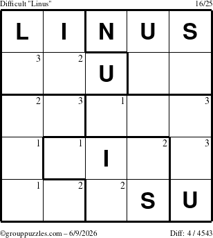 The grouppuzzles.com Difficult Linus puzzle for Tuesday June 9, 2026 with the first 3 steps marked