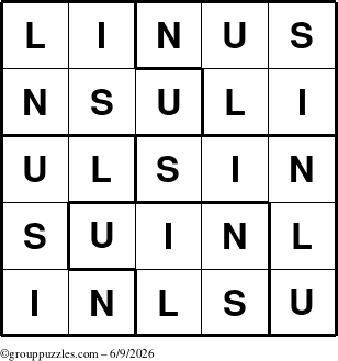 The grouppuzzles.com Answer grid for the Linus puzzle for Tuesday June 9, 2026