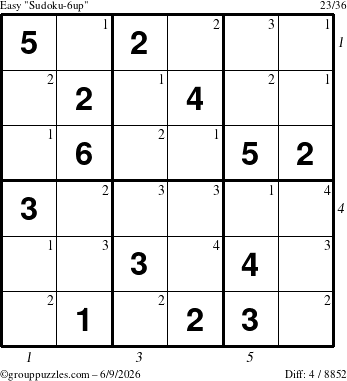 The grouppuzzles.com Easy Sudoku-6up puzzle for Tuesday June 9, 2026, suitable for printing, with all 4 steps marked