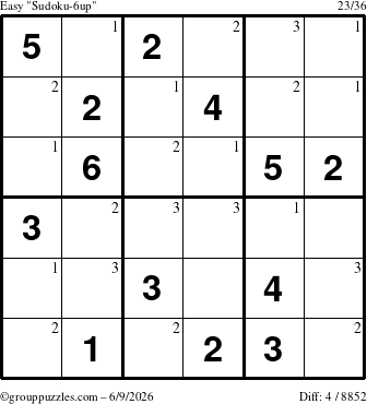 The grouppuzzles.com Easy Sudoku-6up puzzle for Tuesday June 9, 2026 with the first 3 steps marked