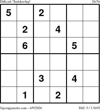 The grouppuzzles.com Difficult Sudoku-6up puzzle for Tuesday June 9, 2026