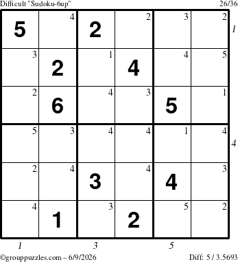 The grouppuzzles.com Difficult Sudoku-6up puzzle for Tuesday June 9, 2026, suitable for printing, with all 5 steps marked