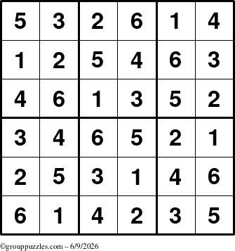 The grouppuzzles.com Answer grid for the Sudoku-6up puzzle for Tuesday June 9, 2026