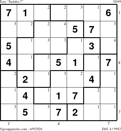 The grouppuzzles.com Easy Sudoku-7 puzzle for Tuesday June 9, 2026, suitable for printing, with all 4 steps marked
