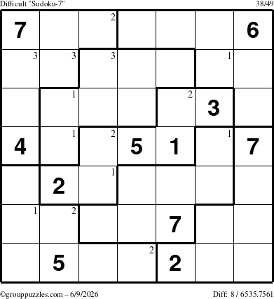 The grouppuzzles.com Difficult Sudoku-7 puzzle for Tuesday June 9, 2026 with the first 3 steps marked