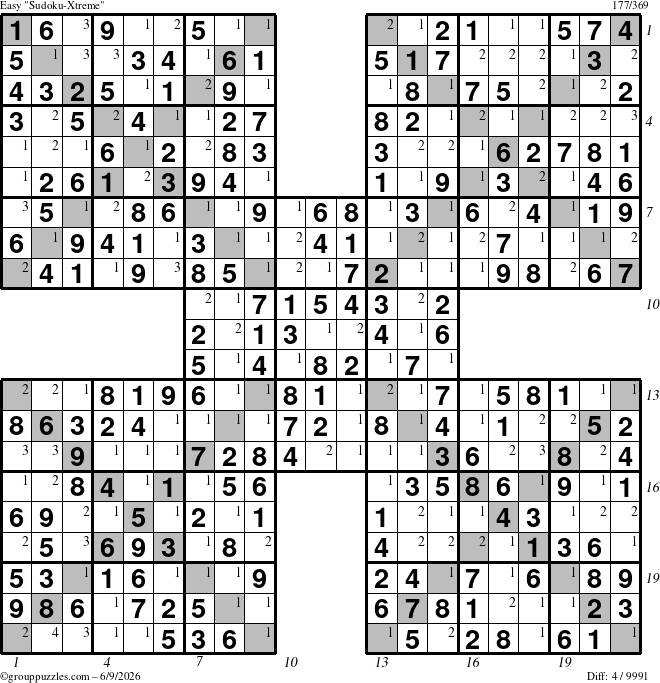 The grouppuzzles.com Easy Sudoku-Xtreme puzzle for Tuesday June 9, 2026 with all 4 steps marked