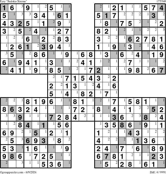 The grouppuzzles.com Easy Sudoku-Xtreme puzzle for Tuesday June 9, 2026 with the first 3 steps marked