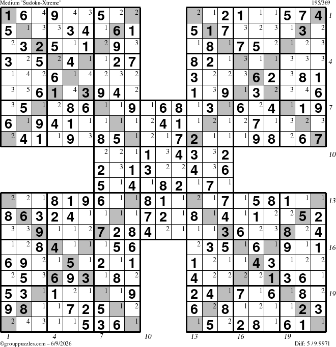 The grouppuzzles.com Medium Sudoku-Xtreme puzzle for Tuesday June 9, 2026 with all 5 steps marked