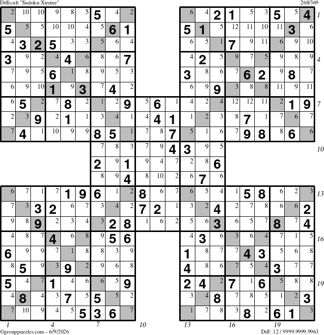 The grouppuzzles.com Difficult Sudoku-Xtreme puzzle for Tuesday June 9, 2026, suitable for printing, with all 12 steps marked