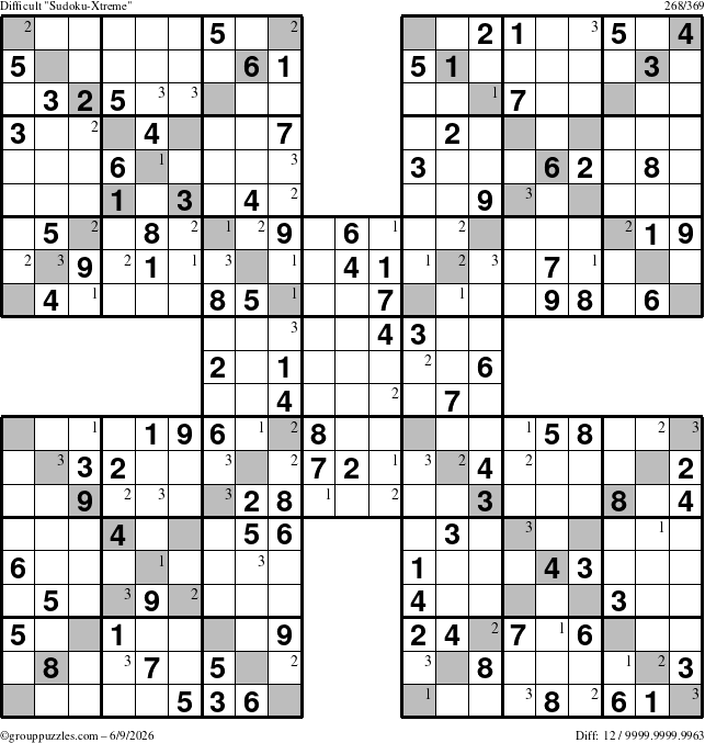 The grouppuzzles.com Difficult Sudoku-Xtreme puzzle for Tuesday June 9, 2026 with the first 3 steps marked