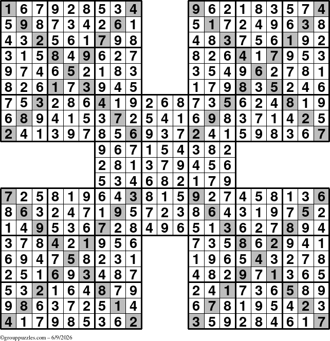 The grouppuzzles.com Answer grid for the Sudoku-Xtreme puzzle for Tuesday June 9, 2026