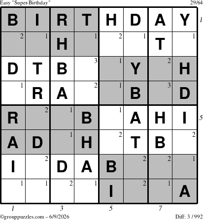 The grouppuzzles.com Easy Super-Birthday puzzle for Tuesday June 9, 2026, suitable for printing, with all 3 steps marked