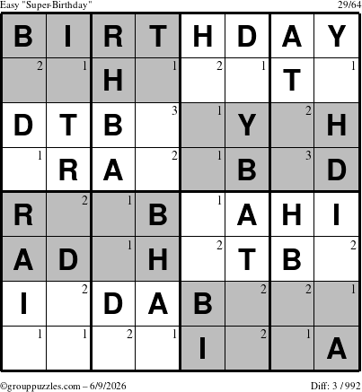 The grouppuzzles.com Easy Super-Birthday puzzle for Tuesday June 9, 2026 with the first 3 steps marked