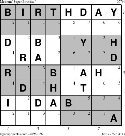 The grouppuzzles.com Medium Super-Birthday puzzle for Tuesday June 9, 2026, suitable for printing, with all 7 steps marked