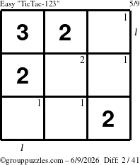The grouppuzzles.com Easy TicTac-123 puzzle for Tuesday June 9, 2026, suitable for printing, with all 2 steps marked