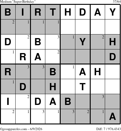 The grouppuzzles.com Medium Super-Birthday puzzle for Tuesday June 9, 2026 with the first 3 steps marked