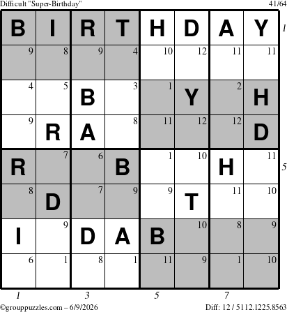 The grouppuzzles.com Difficult Super-Birthday puzzle for Tuesday June 9, 2026 with all 12 steps marked