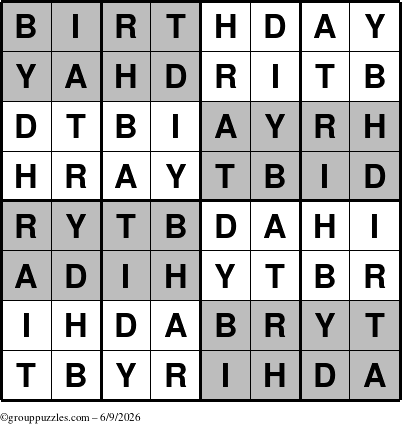 The grouppuzzles.com Answer grid for the Super-Birthday puzzle for Tuesday June 9, 2026