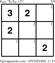 The grouppuzzles.com Easy TicTac-123 puzzle for Tuesday June 9, 2026 with the first 2 steps marked