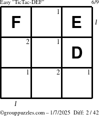 The grouppuzzles.com Easy TicTac-DEF puzzle for Tuesday January 7, 2025 with all 2 steps marked